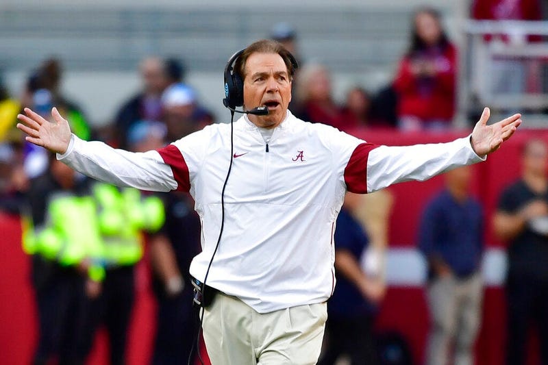 Alabama head coach Nick Saban reacts on the sidelines in the first half of an NCAA college football game against LSU, Saturday, Nov. 9, 2019, in Tuscaloosa , Ala.