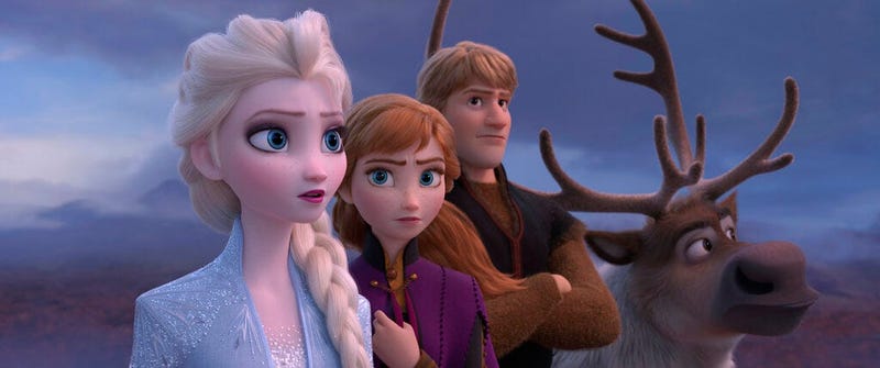 Disney shows Elsa, voiced by Idina Menzel, from left, Anna, voiced by Kristen Bell, Kristoff, voiced by Jonathan Groff and Sven in a scene from the animated film, "Frozen 2."