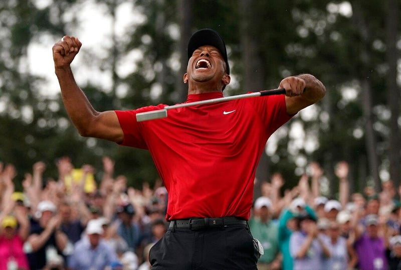 Tiger Woods reacts as he wins the Masters golf tournament April 14, 2019, in Augusta, Ga.