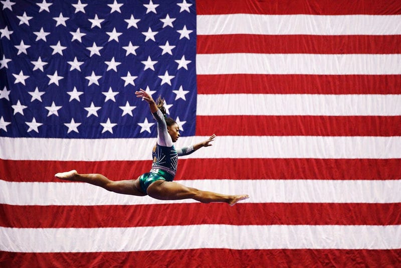 Simone Biles competes on the beam during the senior women's competition at the 2019 U.S. Gymnastics Championships, Aug. 9, 2019, in Kansas City, Mo.