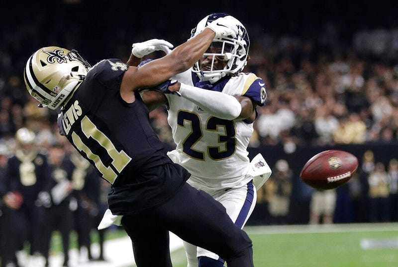Los Angeles Rams' Nickell Robey-Coleman breaks up a pass intended for New Orleans Saints' Tommylee Lewis