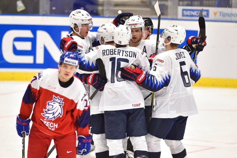 United States players celebrate the opening goal during the 2020 IIHF World Junior Ice Hockey Championships Group B match between the United States and Czech in Ostrava, Czech Republic, Monday, Dec. 30, 2019.