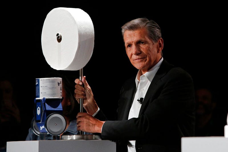 Procter & Gamble Chief Brand Officer Marc Pritchard shows off the Charmin Forever Roll and the Charmin RollBot during a Procter & Gamble news conference before CES International, Sunday, Jan. 5, 2020,