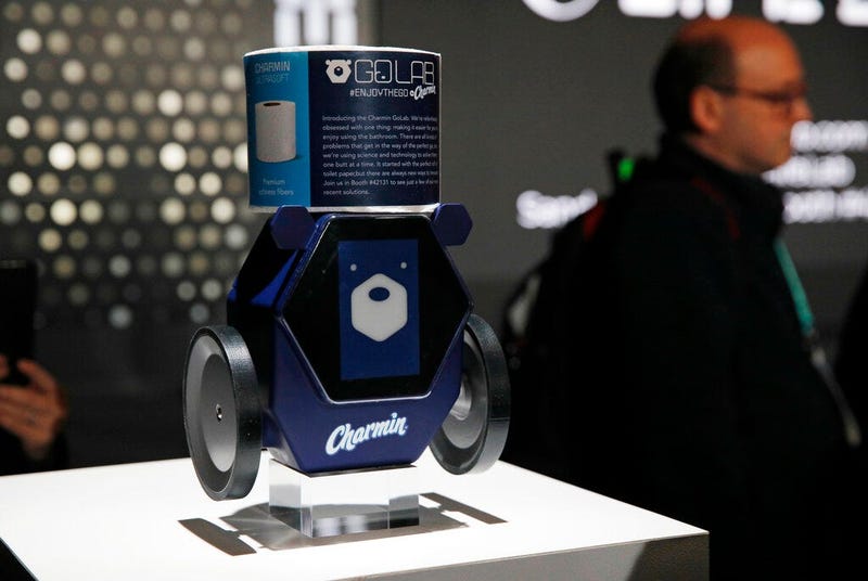 The Charmin RollBot is on display during a Procter & Gamble news conference before CES International, Sunday, Jan. 5, 2020, in Las Vegas. 
