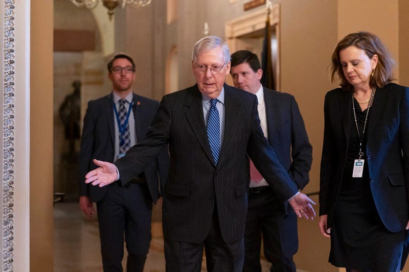 Senate Majority Leader Mitch McConnell, R-Ky., arrives for a closed meeting with fellow Republicans as he strategizes about the looming impeachment trial of President Donald Trump, at the Capitol in Washington, Tuesday, Jan. 7, 2020. 