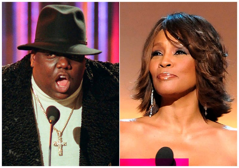 This combination photo shows Notorious B.I.G., who won rap artist and rap single of the year, during the annual Billboard Music Awards in New York on Dec. 6, 1995, left, and singer Whitney Houston at the BET Honors in Washington on Jan. 17, 2009.
