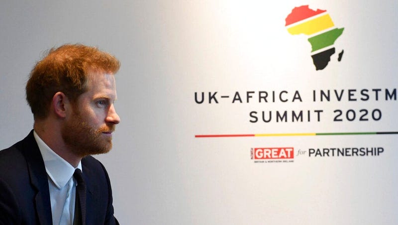 Britain's Prince Harry meets with Prime Minister of Morocco Saadeddine Othmani at the UK Africa Investment Summit in London, Monday Jan. 20, 2020. Britain's Prime Minister Boris Johnson is hosting 54 African heads of state or government in London, as the