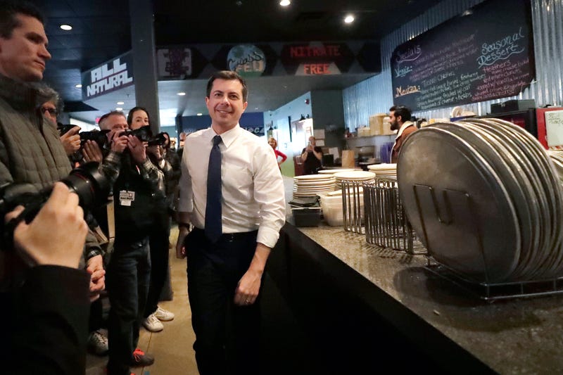 Democratic presidential candidate former South Bend, Ind., Mayor Pete Buttigieg arrives at Community Oven Pizza for a campaign event, Tuesday, Feb. 4, 2020, in Hampton, N.H