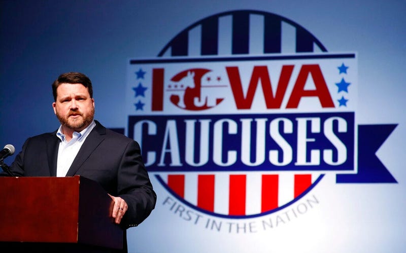Iowa Democratic Party chairman Troy Price speaks about the delay in Iowa caucus results Tuesday, Feb. 4, 2020, in Des Moines, Iowa
