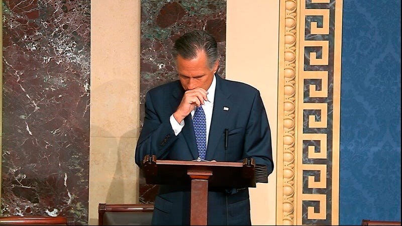 Sen. Mitt Romney, R-Utah, speaks on the Senate floor about the impeachment trial against President Donald Trump at the U.S. Capitol in Washington, Wednesday, Feb. 5, 2020. The Senate will vote on the Articles of Impeachment on Wednesday afternoon.