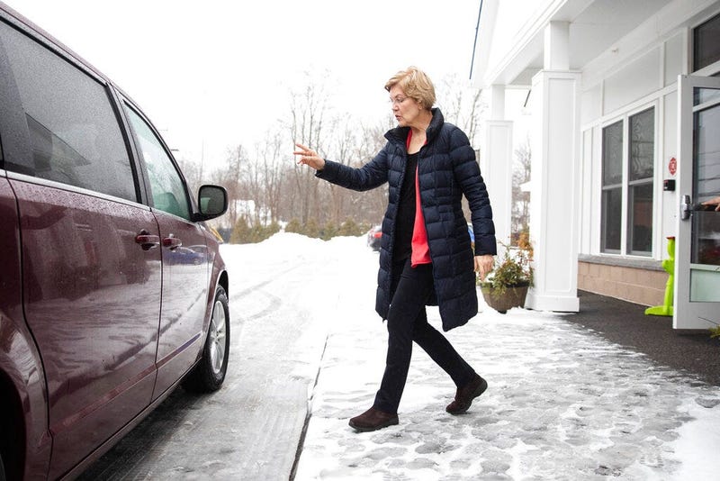 Democratic presidential candidate Sen. Elizabeth Warren, D-Mass., departs after a visit to the Great Bay Kids' Company, Thursday, Feb. 6, 2020, in Exeter, N.H.