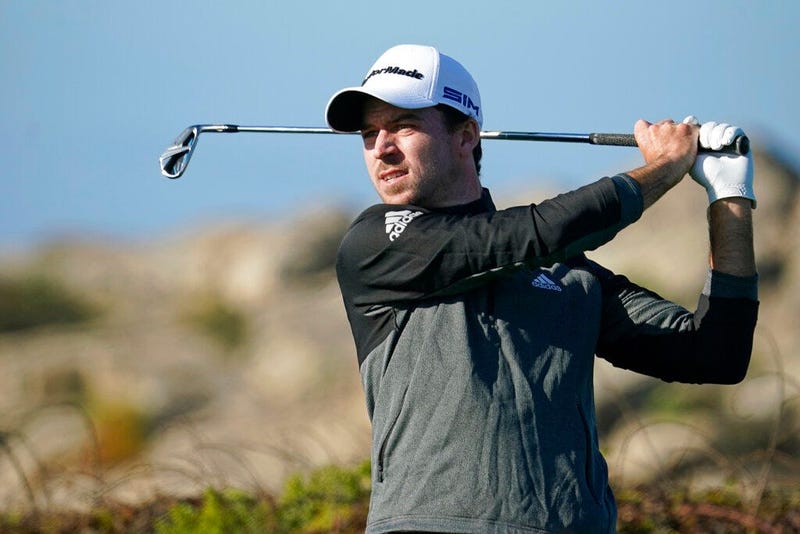 Nick Taylor follows his shot from the ninth tee of the Monterey Peninsula County Club Shore Course during the first round of the AT&T Pebble Beach National Pro-Am golf tournament Thursday, Feb. 6, 2020, in Pebble Beach, Calif.
