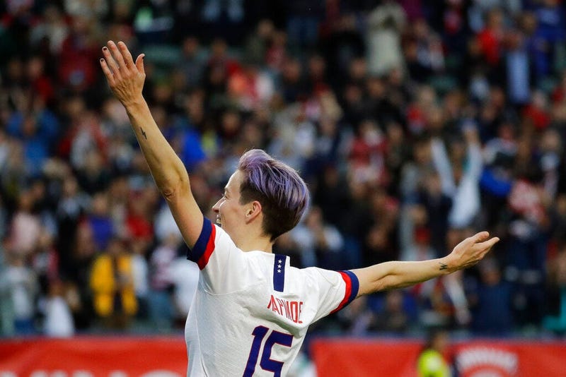U.S. forward Megan Rapinoe celebrates after scoring against Canada during the second half of a CONCACAF women's Olympic qualifying soccer match Sunday, Feb. 9, 2020, in Carson, Calif. The U.S. won 3-0. 