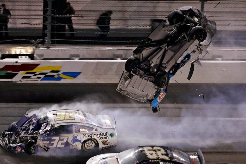Ryan Newman (6) goes airborne after crashing into Corey LaJoie (32) during the NASCAR Daytona 500 auto race Monday, Feb. 17, 2020, at Daytona International Speedway in Daytona Beach, Fla. Sunday's running of the race was postponed by rain. 