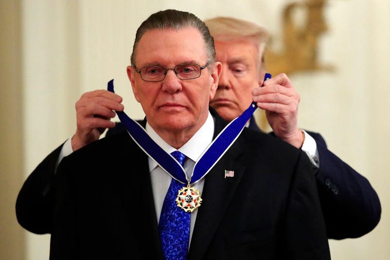 President Donald Trump presents the Presidential Medal of Freedom to former Vice Chief of Staff Army Gen. Jack Keane in the East Room of the White House in Washington, Tuesday, March 10, 2020.