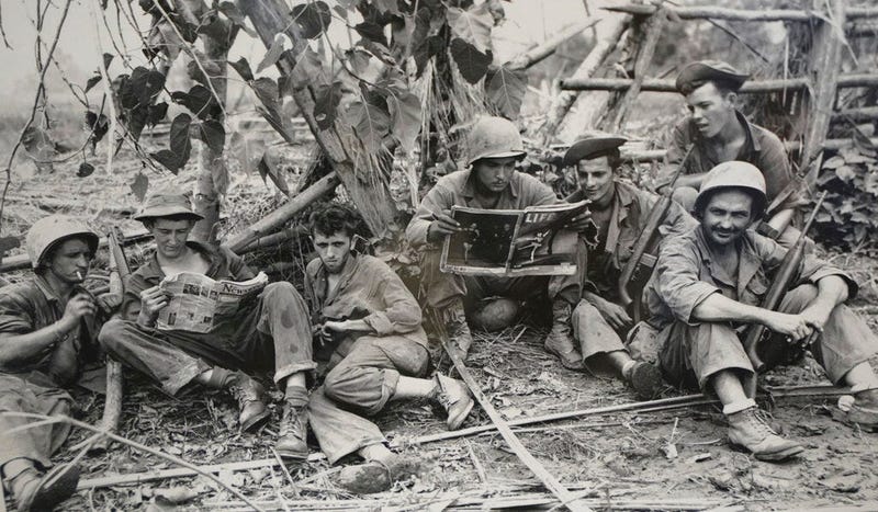 This Aug. 2, 1944 photo, courtesy of the U.S. Army Signal Corps, shows members of the famed WWII Army unit Merrill's Marauders less than 75 yards from enemy positions