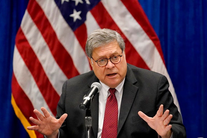 FILE - In this Oct. 15, 2020, file photo, Attorney General William Barr speaks during a roundtable discussion on Operation Legend in St. Louis. Barr has announced he is resigning.