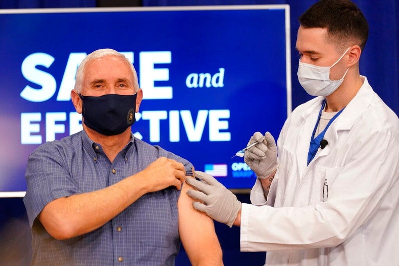 Vice President Mike Pence receives a Pfizer-BioNTech COVID-19 vaccine shot at the Eisenhower Executive Office Building on the White House complex, Friday, Dec. 18, 2020, in Washington.