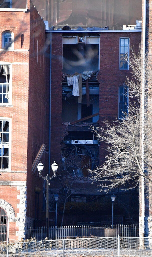 A building is damaged near the area where an explosion was reported on Friday, Dec. 25, 2020 in Nashville, Tenn. Buildings shook in the immediate area and beyond after a loud boom was heard early Christmas morning.