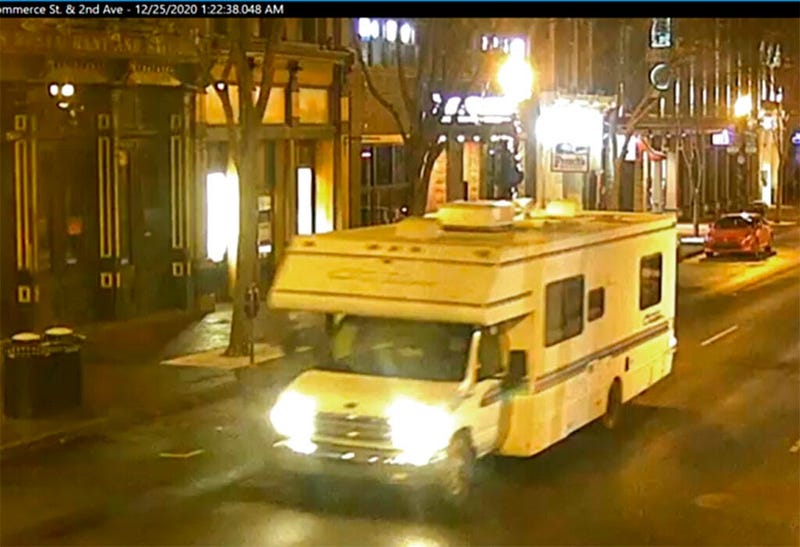 This image taken from surveillance video provided by Metro Nashville PD shows a recreational vehicle that was involved in a blast on Friday, Dec. 25, 2020 in Nashville, Tenn. 