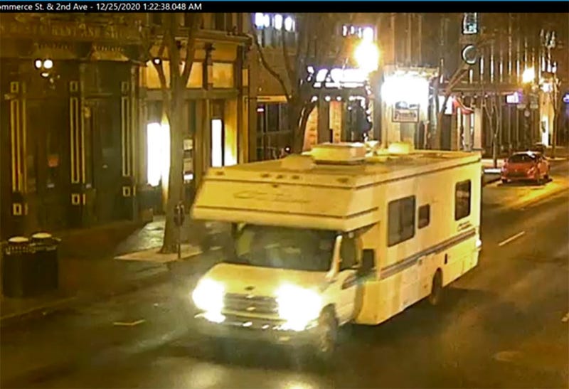This image taken from surveillance video provided by Metro Nashville PD shows a recreational vehicle that was involved in a blast on Friday, Dec. 25, 2020 in Nashville, Tenn. (Metro Nashville PD via AP)