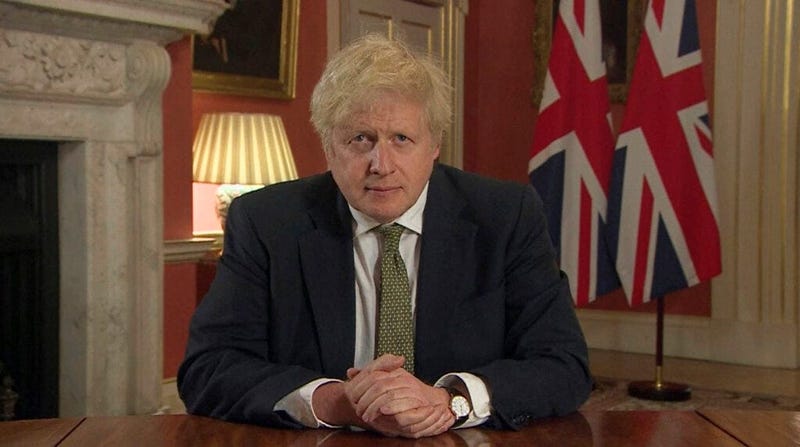 In this image taken from video, Britain's Prime Minister Boris Johnson makes a televised address to the nation from 10 Downing Street, London, Monday Jan. 4, 2021. (Pool via AP)