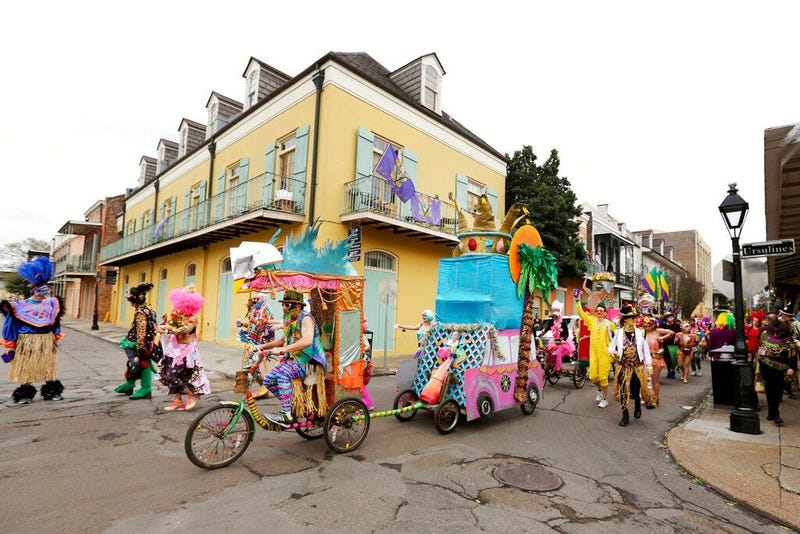 FILE - In this Tuesday, Feb. 25, 2020, file photo, Mondo Kayo parades down Chartres Street during Mardi Gras, in New Orleans.  (AP Photo/Rusty Costanza, File)