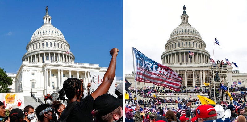 In this combination of photos, demonstrators, left, protest June 4, 2020, in front of the U.S. Capitol in Washington, over the death of George Floyd and on Jan. 6, 2021, supporters of President Donald Trump rally at same location.