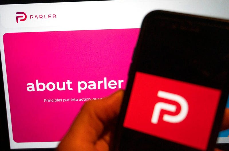The logo of the social media platform Parler is displayed in Berlin, Jan. 10, 2021.