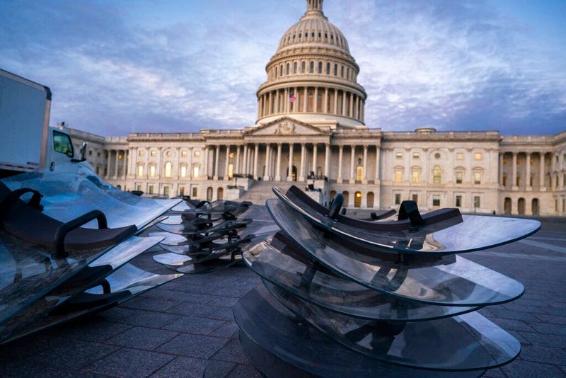 Riot shields are stacked at the ready as National Guard troops reinforce the security zone on Capitol Hill in Washington, Tuesday, Jan. 19, 2021, before President-elect Joe Biden is sworn in as president on Wednesday.(AP Photo/J. Scott Applewhite)