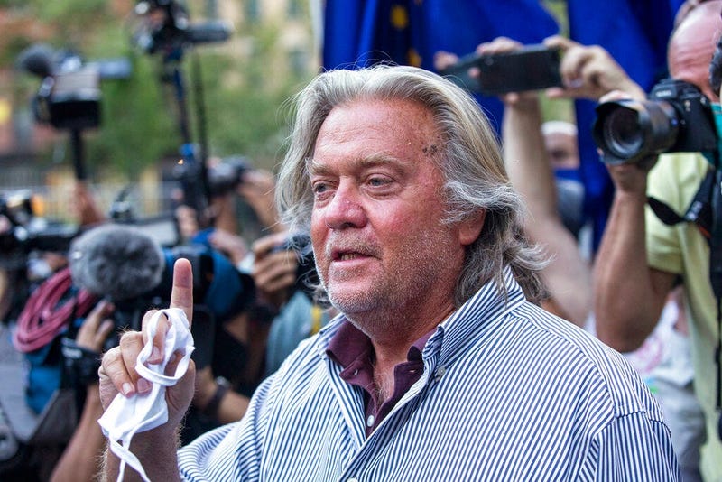 In this Aug. 20, 2020, file photo, President Donald Trump's former chief strategist, Steve Bannon, speaks with reporters in New York. (AP Photo/Eduardo Munoz Alvarez, File)