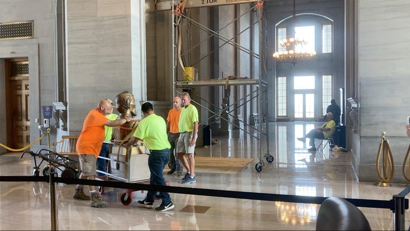 The Nathan Bedford Forrest bust is removed from inside of the Tennessee Capitol on Friday, July 23, 2021 in Nashville. Tennessee’s State Building Commission voted 5-2 to remove the bust of the Confederate general and early Ku Klux Klan leader on Thursday, the final hurdle in a months-long process.