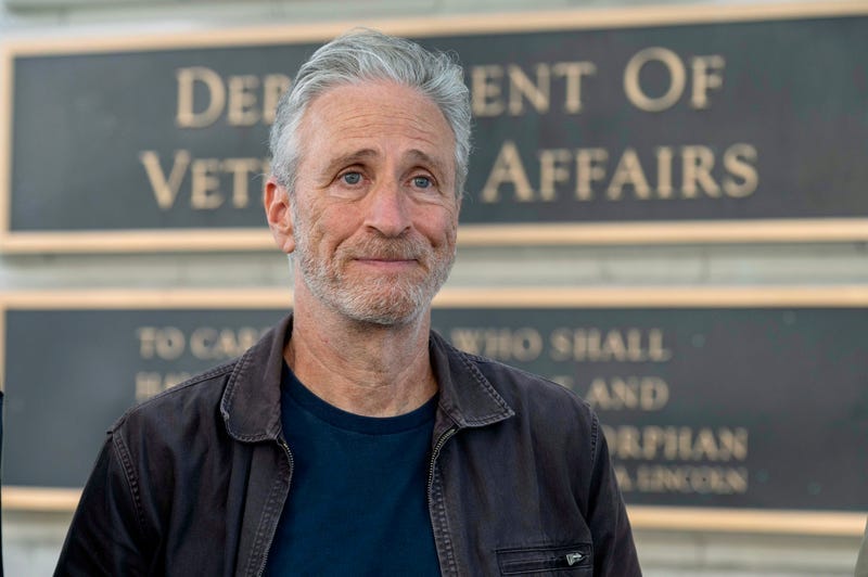 Jon Stewart takes part in an interview outside the Department of Veterans Affairs, July 26, 2024 in Washington