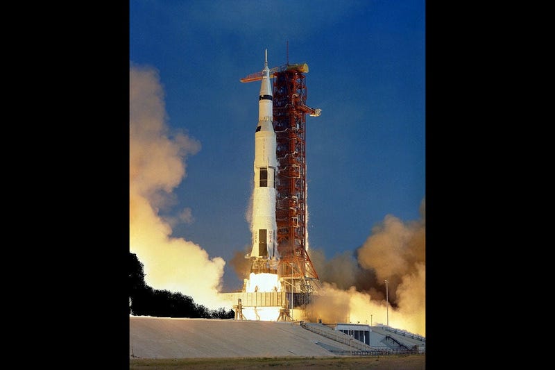 The Apollo 11 Saturn V space vehicle lifts off with Astronauts Neil A. Armstrong, Michael Collins and Edwin E. Aldrin Jr. at 9:32 a.m. EDT July 16, 1969, from Kennedy Space Center's Launch Complex 39A