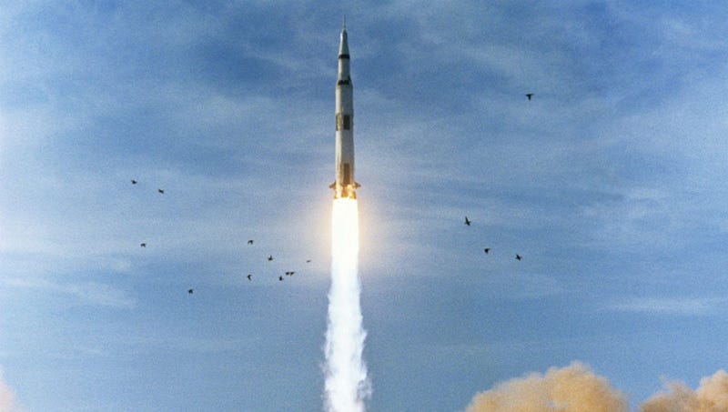 In this Dec. 21, 1968 photo made available by NASA, the Saturn V rocket carrying the Apollo 8 crew launches from the Kennedy Space Center in Florida with 7.5 million pounds of thrust. 