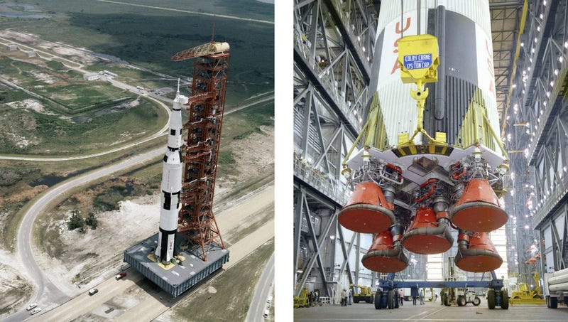 Left: The Apollo 8 crew lifts off from the Kennedy Space Center in Florida on Dec. 21, 1968. Right:  a section of the Saturn V rocket is prepared for the Dec. 21, 1968, launch of the Apollo 8 mission.