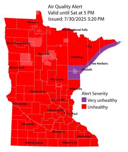 The map of Minnesota's bad air on Thursday. The Air Quality Alert runs through Saturday evening.