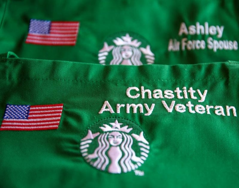 Starbucks aprons show their commitment to hiring veterans and mliitary spouses.