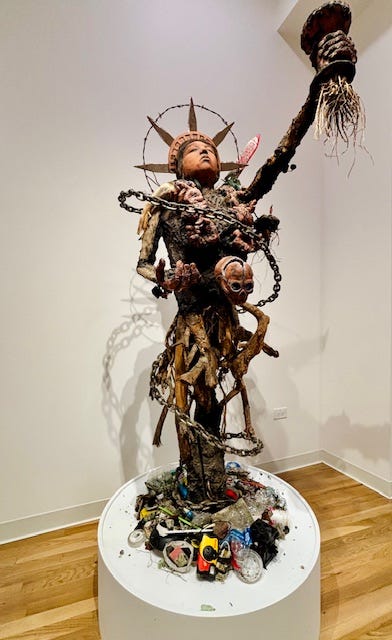 Alfonso “Piloto” Nieves Ruiz, active in the United States, born Querétaro, Mexico, 1975. In the Name of Progress, 2017. Mixed media, 69 5/8 x 26 x 24 in. Courtesy of the artist