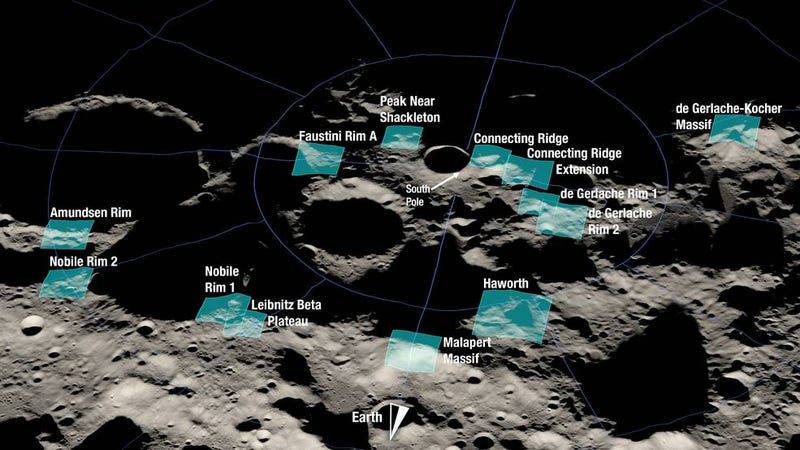 A rendering of 13 candidate landing regions for Artemis III. Each region is approximately 9.3 by 9.3 miles (15 by 15 kilometers). A landing site is a location within those regions with an approximate 328-foot (100-meter) radius.