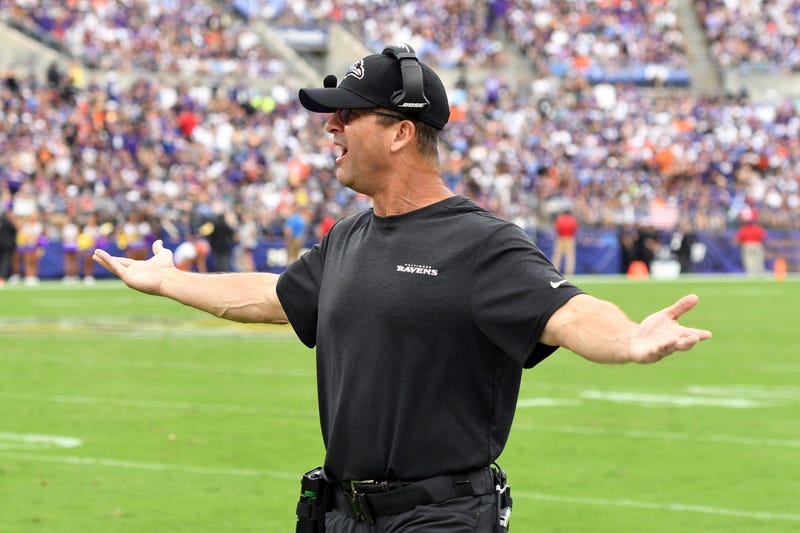 Head Coach John Harbaugh argues a call during the Ravens 40-25 loss in Week 4.