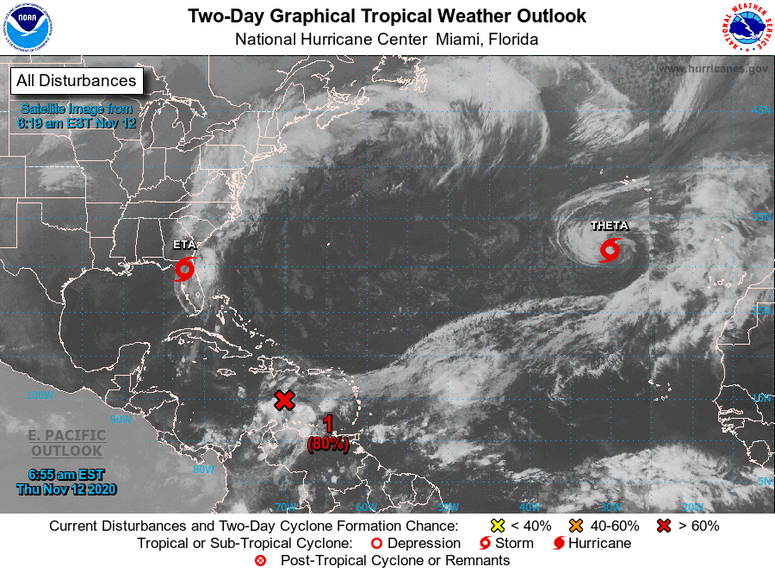 National Hurricane Center satellite image of the Atlantic basin, showing an area of possible tropical development.