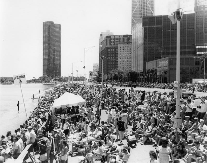 A crowd enjoys the Chicago Air and Water Show on Lake Michigan. The first Air and Water Show was held at Chicago Avenue and Lake Michigan in 1959.