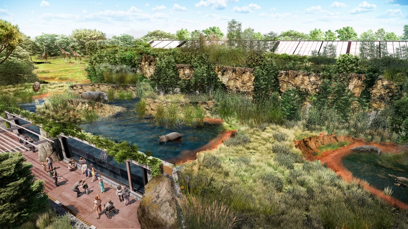 A rendering from the Brookfield Zoo shows one of several planned Ecoregions, which the zoo bills as a new way for housing animals that will offer, in part, landscape-based experiences that invite guests through portals to various parts of the world.
