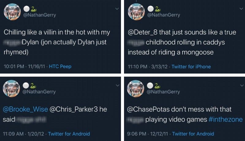 Eagles linebacker Nate Gerry, 25, posted these tweets that include a racial slur in 2011 and 2012.