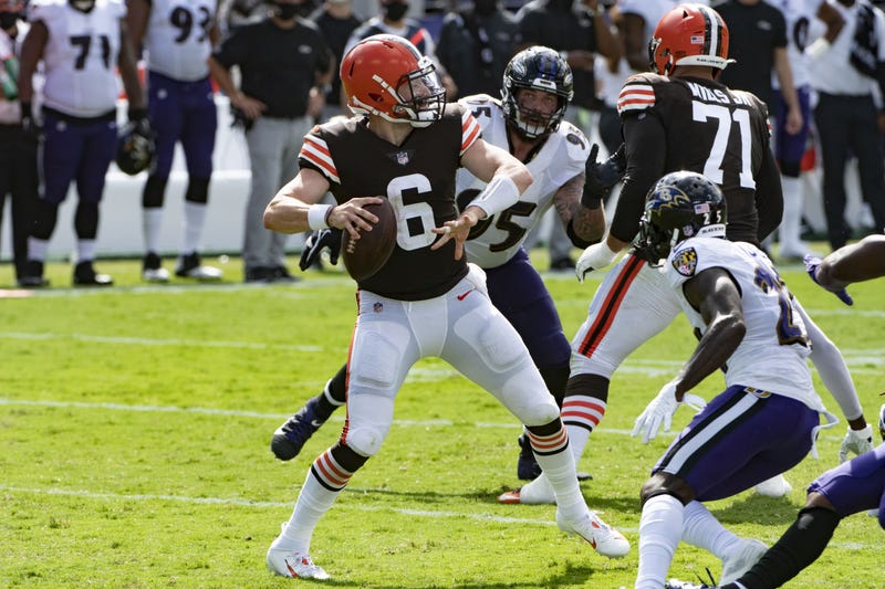 Cleveland Browns quarterback Baker Mayfield throws from the pocket during the first half against the Baltimore Ravens at M&T Bank Stadium.