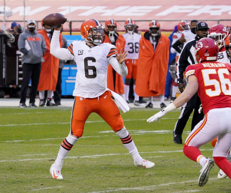 Cleveland Browns quarterback Baker Mayfield throws a pass during the AFC Divisional Round playoff game against the Kansas City Chiefs at Arrowhead Stadium.