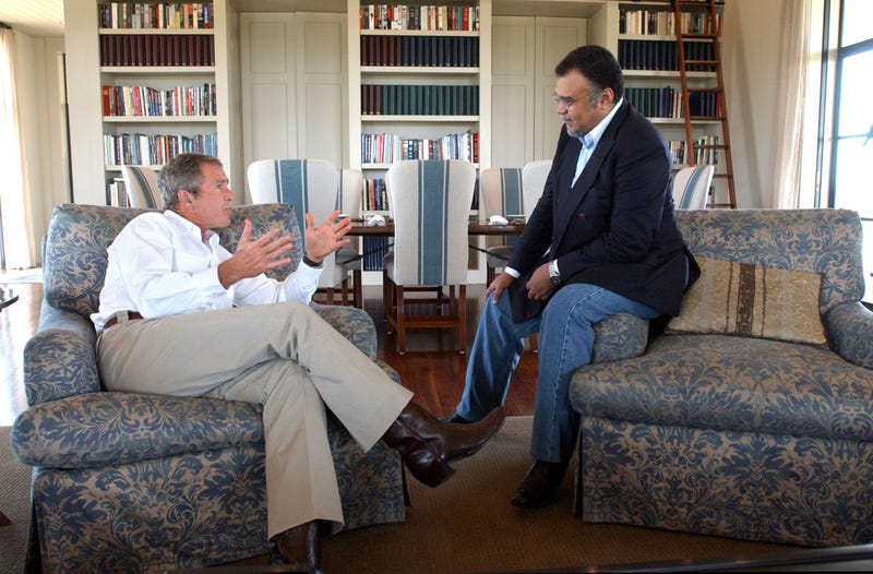 President George W. Bush meets with Prince Bandar bin Sultan, the Saudi Arabian ambassador, August 27, 2002 at Bush's Ranch in Crawford, Texas. Bush promised to consult Saudi Arabia and others as he reaches a decision about whether to attack Iraq.