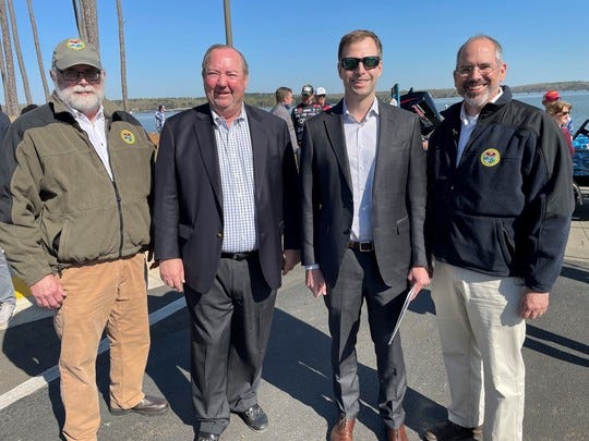 Partnerships were on display at the Bassmaster Classic announcement on Lake Hartwell. From left are SCDNR Freshwater Fisheries Chief Ross Self; B.A.S.S. CEO Bruce Akin; B.A.S.S. Chairman Chase Anderson; and SCDNR Director Robert H. Boyles Jr.