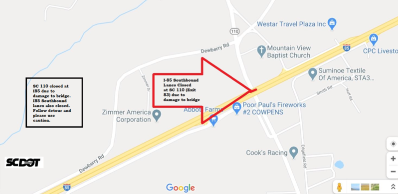 I-85SB Detours, Battleground Rd. Bridge Closed in Spartanburg